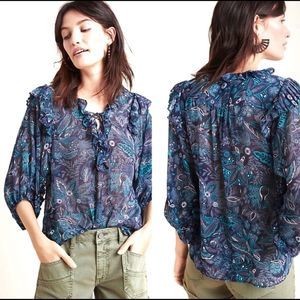 Anthro | Haida Blue Peasant Floral Paisley Blouse
